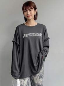 FRIFUL Camiseta gris de manga larga con estampado de letras, volantes y parches, ropa de otoño con gráfico - Gris - Ver 3