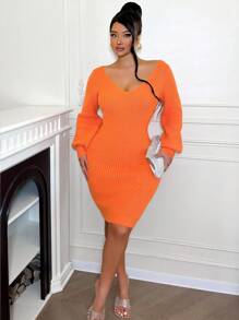 Zolique V-Neck Lantern Sleeve Fitted Dress - Burnt Orange - View 4