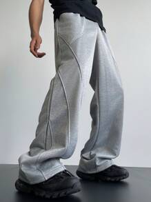 Manfinity EMRG 男士纯色休闲日常拼接长裤，返校、外出长款宽松浅灰色抽绳运动裤，适合丈夫、男朋友的礼物 - 淺灰色 - 查看 1