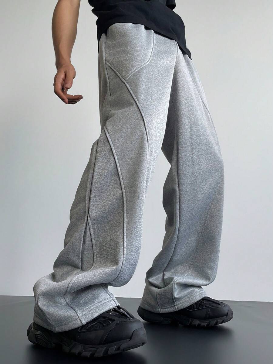 Manfinity EMRG 男士纯色休闲日常拼接长裤，返校、外出长款宽松浅灰色抽绳运动裤，适合丈夫、男朋友的礼物 - 淺灰色 - 查看 1