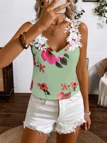 SHEIN LUNE Ladies Flower Print Sleeveless Tank Top With Shoulder Ruffle Detail