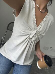 SHEIN Frenchy Blusa sin mangas de unicolor simple con cuello de volantes, corsé, ropa interior para mujer de otoño, blusa de lino, blusa para mujer de dinero antiguo