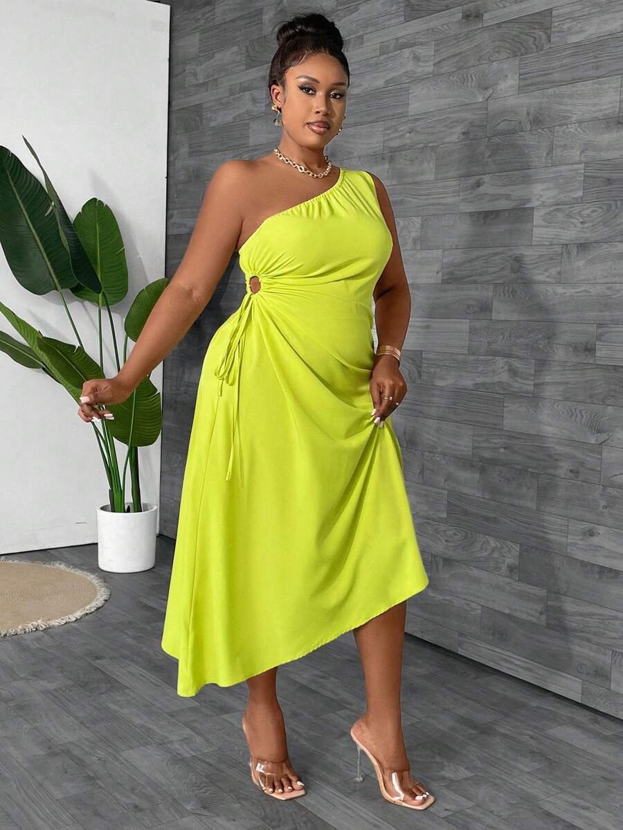 Maweii Plus Size Solid Color Asymmetric Neck Circular Decoration Sleeveless Dress