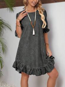 SHEIN LUNE 女士荷叶边领夏季牛仔连衣裙 - 灰色 - 查看 4