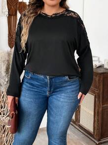 SHEIN LUNE Plus Size Women Black Spring And Summer Splicing Lace Long Sleeve Elegant T-Shirt