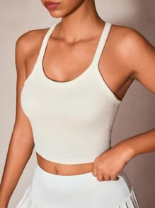 SHEIN Sovereign Charm Women's Solid Color Ribbed Knit Halter Tennis Sports Bra - Apricot - View 3