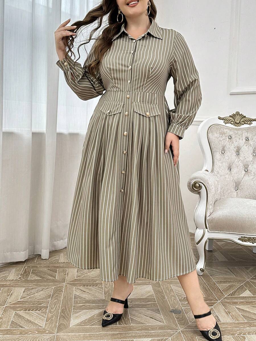 Modelyn Plus Size Button-Up Long Sleeve Striped Floral Elegant Dress, Maxi Dresses For Casual Daily/Holiday/Wedding Party/Evening