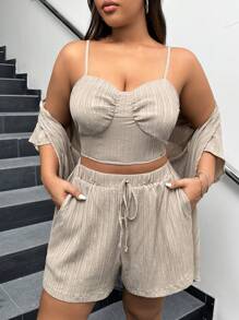 SHEIN EZwear Plus Size Áo Vest Màu Trơn + Hàng Trước Áo Sơ Mi Tay Ngắn + Thắt Nút Quần Short Bộ Ba Món Thường Ngày Mùa Hè - Màu be - Xem 3