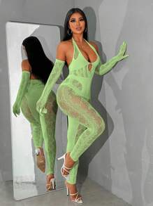 VaVaBold Women Spring And Summer Fashion Sexy See-Through Hollowed-Out Halter Neck Tight Jumpsuit