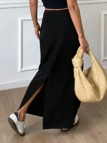 Livesso Falda negra ajustada con abertura larga de unicolor para mujer, ropa de otoño