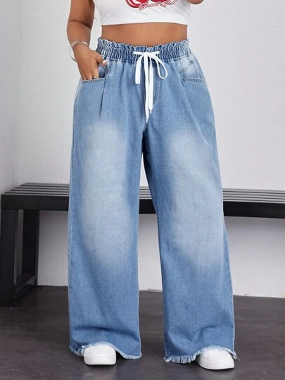 SHEIN ICON Plus Size Women's Drawstring Waist Pocket Loose Wide Leg Casual Boyfriend Jeans