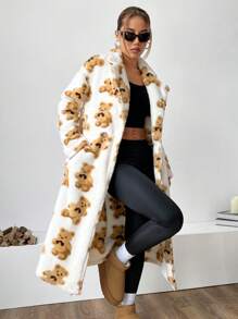 Muchica 全印花毛绒熊领口袋长袖长款开衫夹克 - 彩色 - 查看 5