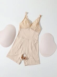 1pc Plus Size Women High Elastic Lace Patchwork Bodysuit Slimming Shapewear - Apricot - View 7