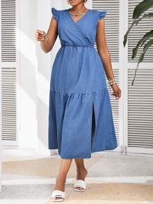 SHEIN VCAY Plus Size Blue Denim Dress Ruffle Wrap Long Dress Casual Vacation Teacher Dress Back To School Fall Women Outfits Fall Dresses Office Wear - Medium Wash - View 5