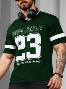 Manfinity Sport Corelite Boyfriend Style Men's Letter Stripe Printed V-Neck Short Sleeve Casual Sports T-Shirt Basic T Shirt  Basketball Jersey Boyfriend Style Men Boyfriend Style Men Hoodies,Back To School Workout Tops Gym Top Basketball Breathable