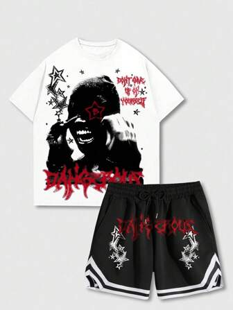 Street Life 2 piezas Conjunto de camiseta de manga corta con estampado de retrato de hombre y pantalones cortos, adecuado para uso diario en primavera y verano, escuela