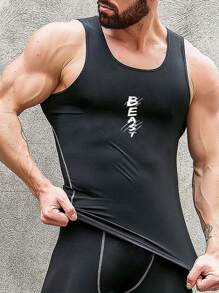 Manfinity Fitness 男友风男士印花无袖上衣和短裤，简约休闲运动套装学校 - 黑色 - 查看 6