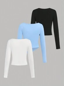 SHEIN Girlism Áo thun dài tay nhún bèo thường ngày cho bé gái tuổi teen mua 1 tặng 2 3 món/bộ - Nhiều màu - Xem 2