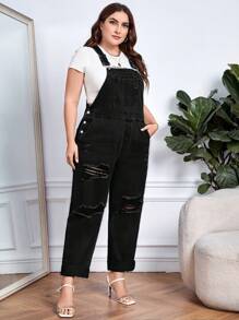 EMERY ROSE Plus Ripped Slant Pocket Denim Dungarees Without Top - Medium Wash - View 1