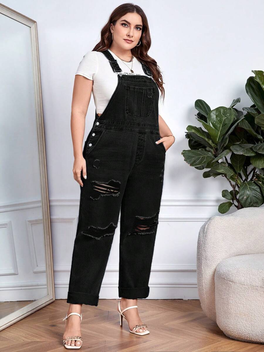 EMERY ROSE Plus Ripped Slant Pocket Denim Dungarees Without Top - Medium Wash - View 1