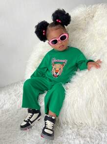 SHEIN Explorewe Baby Girl 2pcs/Set Green Leopard Print Street Fashion Casual Sporty Outfit - Multicolor - View 3
