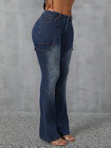 SHEIN SXY Women Button Belt Loop Pocket Straight Casual Fashion Street Style All-Match Jeans - Blue - View 1