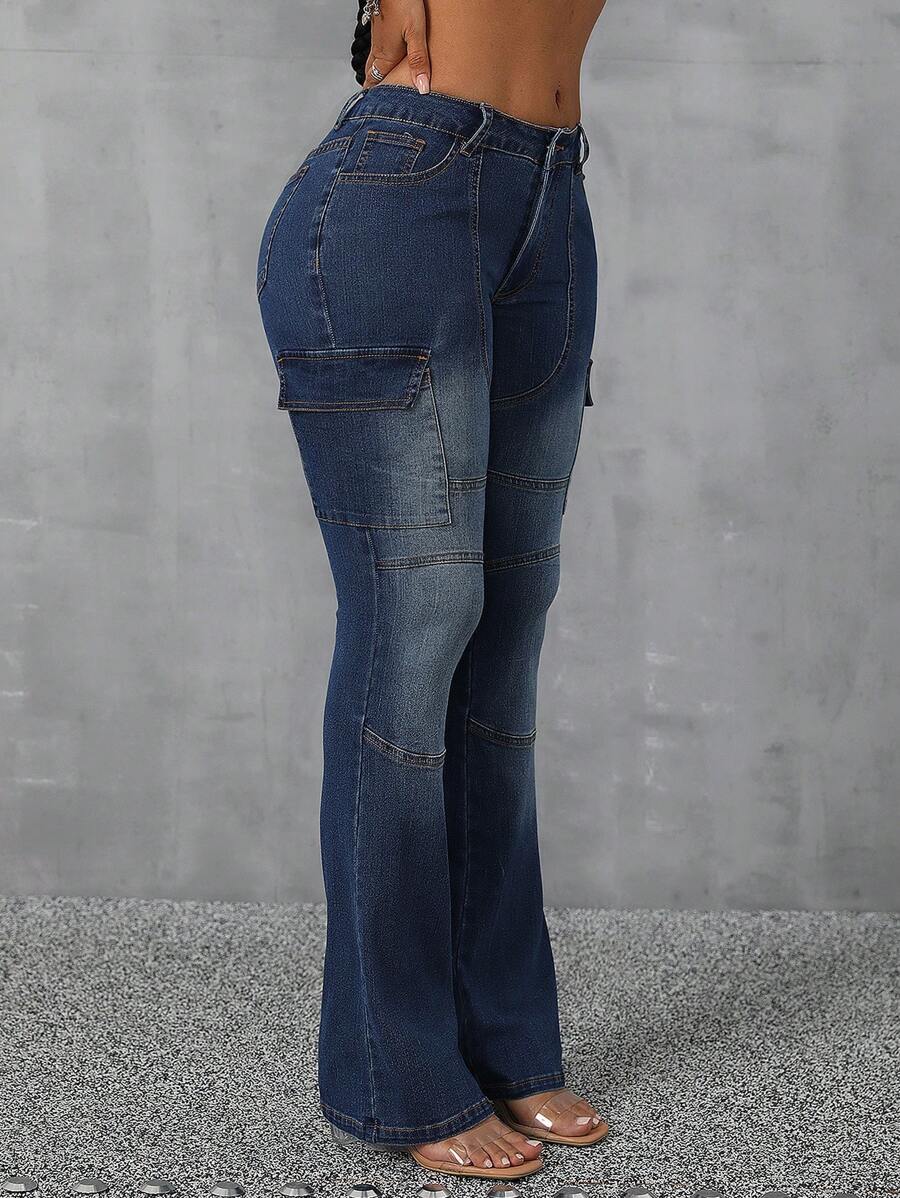 SHEIN SXY Women Button Belt Loop Pocket Straight Casual Fashion Street Style All-Match Jeans - Blue - View 1