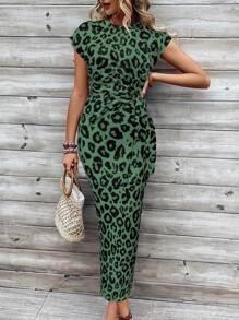 Chiquease 女士豹纹扭纹细节休闲日常连衣裙长款女装 - 墨綠色 - 查看 5