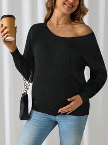 SHEIN Maternity Plain Simple Round Neck Long Sleeve Black Sweater, For Winter - Black - View 3