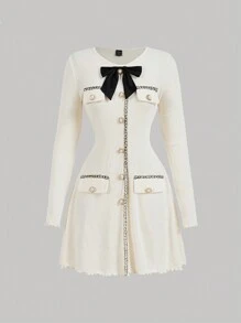 SHEIN MOD Women's Elegant Ribbon Patchwork Bow Decor Long Sleeve Dress, Going Out, Back To School, Fall Women Outfits, Halloween Dress, Elegant, Work/Business, Old Money Style, Casual Women Dresses, Teacher Dress, Prom Dress