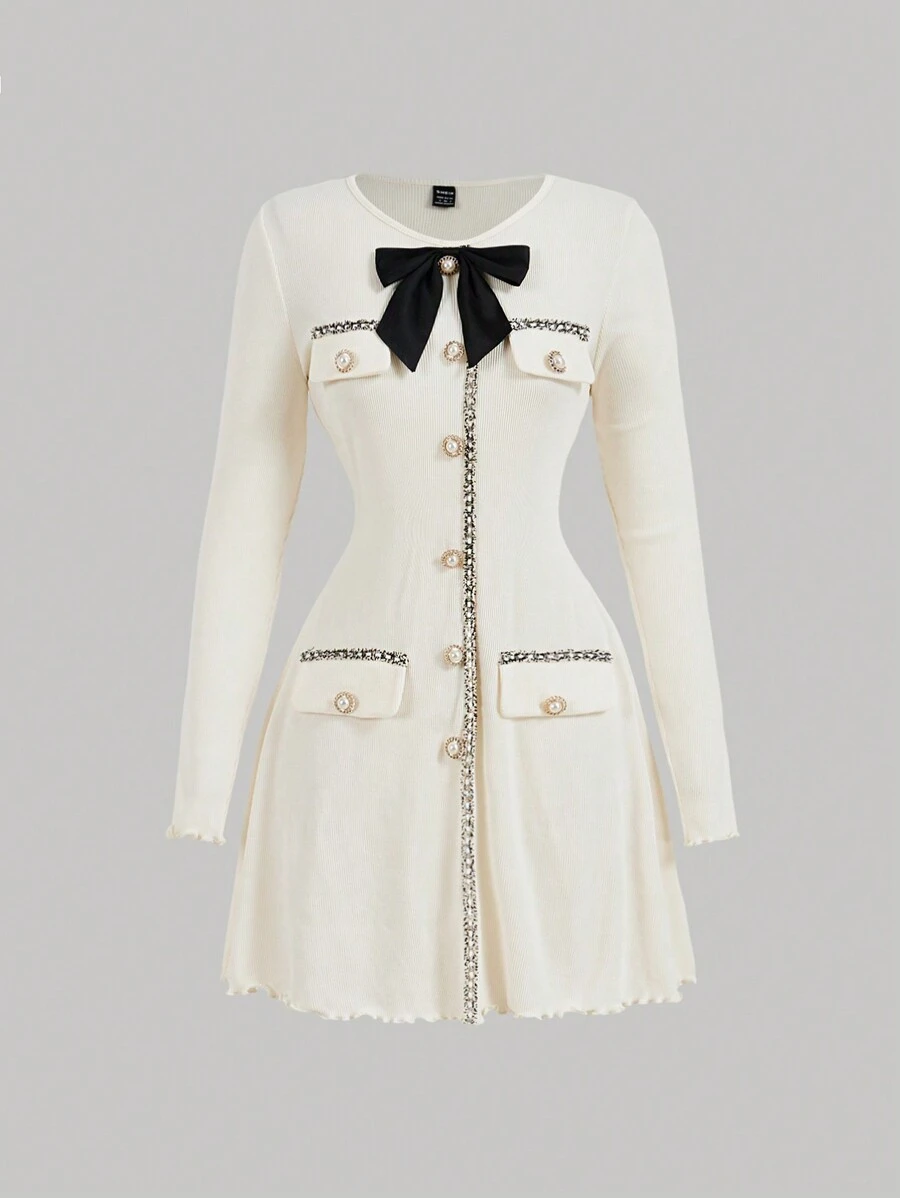 SHEIN MOD Women's Elegant Ribbon Patchwork Bow Decor Long Sleeve Dress, Going Out, Back To School, Fall Women Outfits, Halloween Dress, Elegant, Work/Business, Old Money Style, Casual Women Dresses, Teacher Dress, Prom Dress