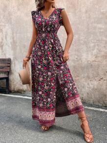 Breezaya Floral Print Ruffle Trim Slit Thigh Dress Without Belt