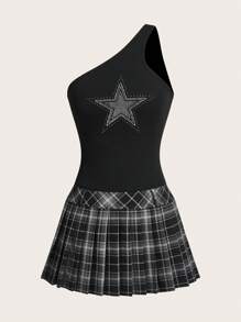 SHEIN ICON Ladies' One Shoulder Star Rhinestone Black And White Plaid Swing Dress - Black and White - View 2
