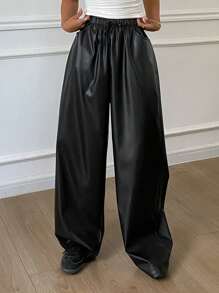 DAZY Pantalones rectos holgados de unicolor de PU con cordón en la cintura y bolsillos para mujeres - Negro - Ver 6