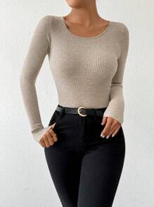 Chiquease Suéter de cuello redondo acanalado, elástico y ajustado para mujer, jersey de punto de otoño e invierno - Albaricoque - Ver 5