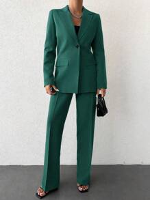 EURMUSE Solid Color Lapel Collar Suit Set - Dark Green - View 3