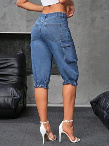 SHEIN Essnce Women Front Button Multi-Pocket Simple Cuffed Casual Jeans