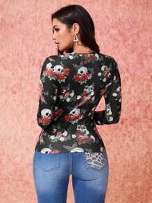 SHEIN Essnce SHEIN X Day Of The Dead Print Fitted Long Sleeve Round Neck Casual Top