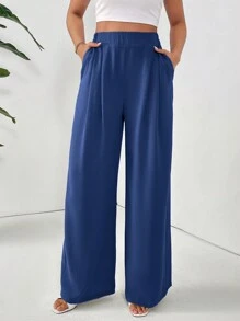 SHEIN Essnce Pantalones casuales de unicolor y estilo básico para mujer - Azul Marino - Ver 4