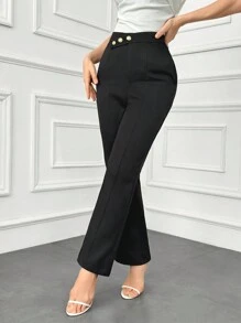 Modelyn Women's Solid Minimalist Basic Button Front Pants In Fall/Winter - Black - View 6