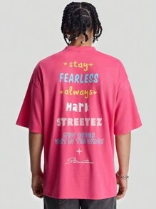 Manfinity VCAY Men's Loose Fit English Graphic Print Round Neck Short Sleeve T-Shirt, Summer - Hot Pink - View 4