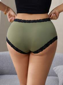 Snug Zone Plus Size Women Lace Trim Colorblock Panties Briefs - Olive Green - View 2