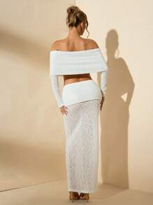 SHEIN BAE 2 pièces Ensemble top court et jupe d'épaules dénudées élégant unicolore d'été pour femmes