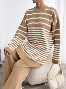 EURMUSE Woman Striped Crew Neck Casual Comfy Warm Sweater Pants Co-Ords - Camel - View 6