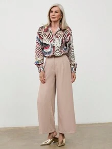 SHEIN LUNE Women's Turndown Collar Button Front Long Sleeve Allover Print Casual Blouse - Multicolor - View 3