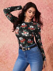 SHEIN Essnce SHEIN X Day Of The Dead Print Fitted Long Sleeve Round Neck Casual Top