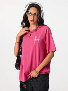 SHEIN EZwear Women's Casual Basic Washed Embroidered All-Match Pink T-Shirt - Hot Pink - View 3