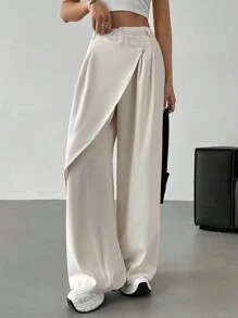 SHEIN EZwear Solid Color Minimalist Asymmetrical Loose Wide-Leg Pants, Casual Daily Wear - Beige - View 4