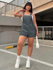 SHEIN Unity Plus Size Women Summer Solid Color Pocket Casual Overalls Shorts - Grey - View 3