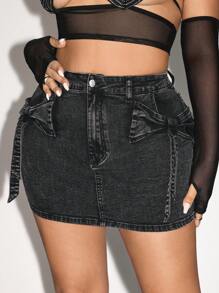 SHEIN ICON Falda vaquera entallada con cinturón de lazo de presillas talla grande